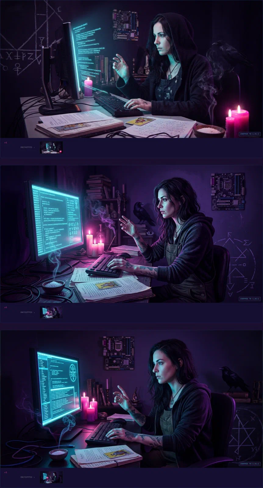 cosmos-alive compare sheet — three variants of the witch-at-terminal scene