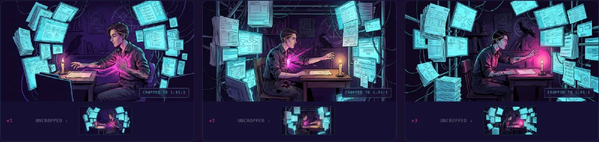review-quiet-thief-round-1 — the first attempt. Three variants of a craftsperson being devoured by bureaucratic scaffolding