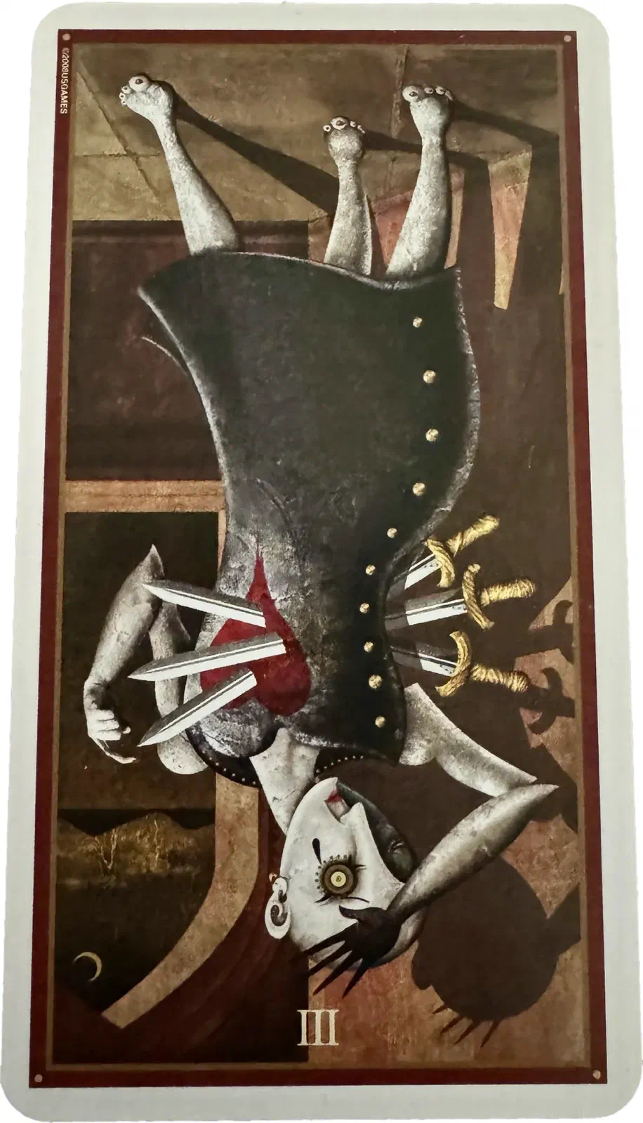 The Three of Swords reversed. A pierced figure hangs upside down, bare feet at the top of the card and head at the bottom. Three swords run through the heart near-horizontally, hilts on one side and the points emerging from the other — the flip left their angle untouched.