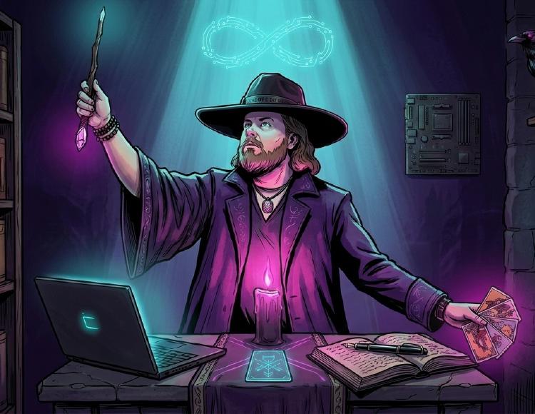 Matt Stine as the Magus — laptop open, wand raised, tarot cards in hand, raven on the shelf, lemniscate overhead